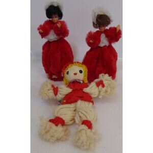 Christmas Dolls Homemade Raggedy Ann Fancy Type Burnette Red Head 6.6" Tall